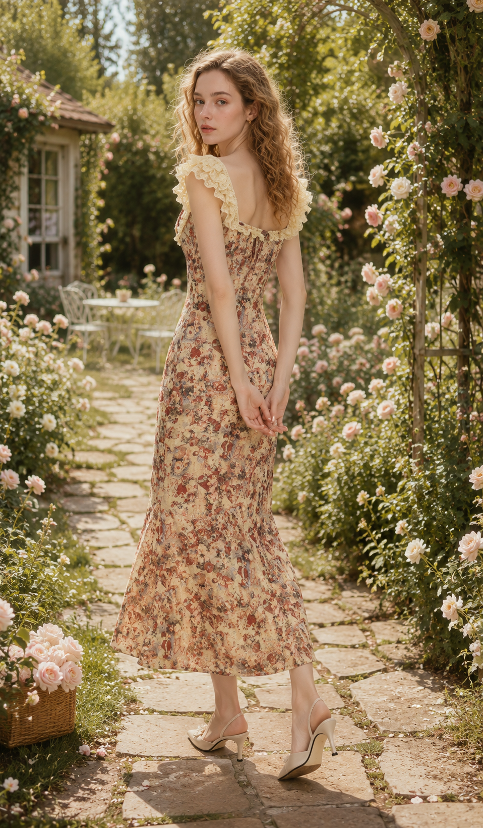 Model posing in a romantic cottage garden wearing the Letters From The Rose Garden Dress, highlighting the floral pattern, corset-style bodice, and soft feminine styling.