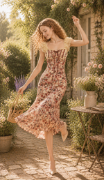 Model twirling in the Letters From The Rose Garden Dress, showcasing the flowing midi skirt, elegant movement, floral print, and romantic countryside aesthetic.
