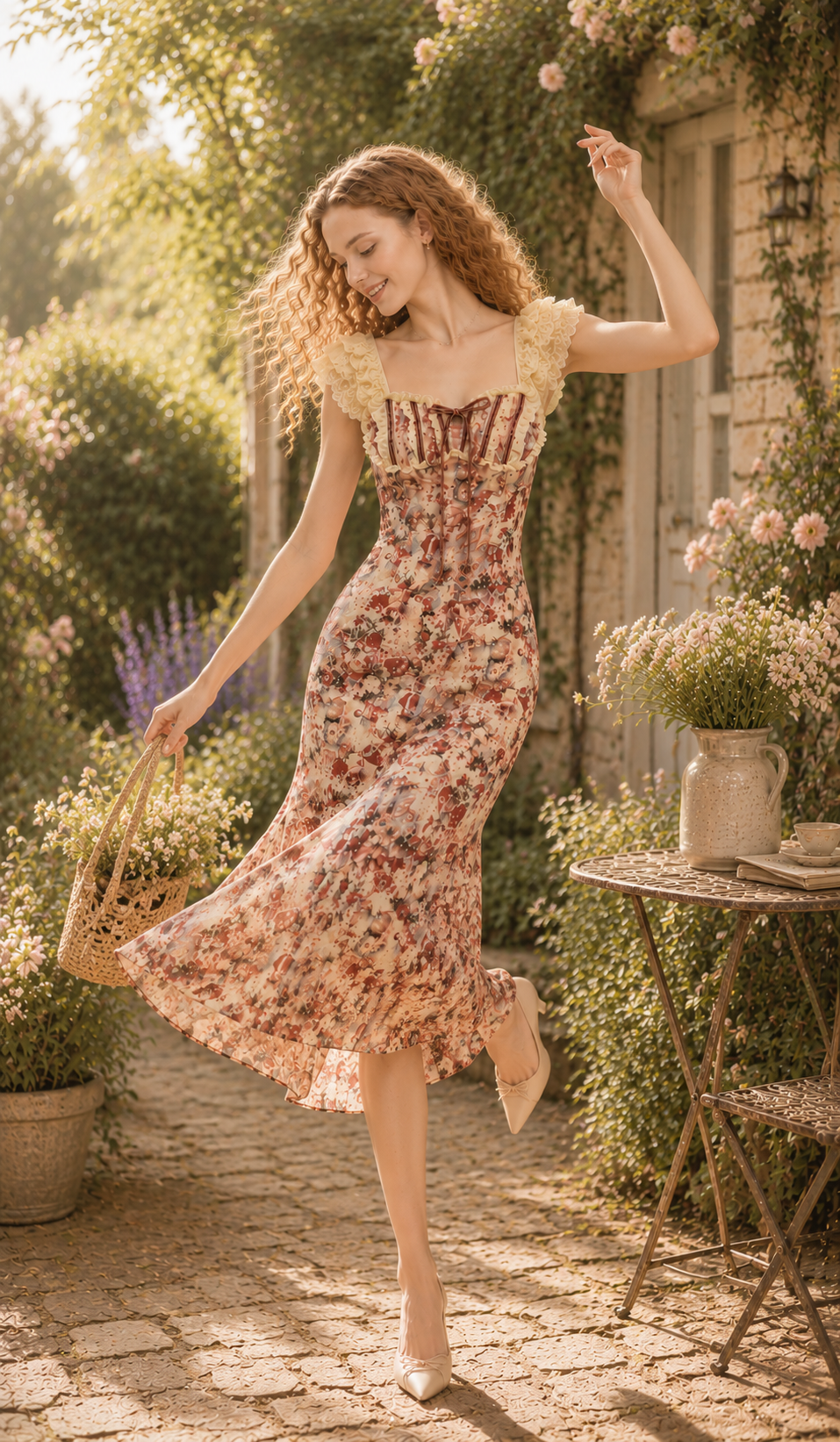 Model twirling in the Letters From The Rose Garden Dress, showcasing the flowing midi skirt, elegant movement, floral print, and romantic countryside aesthetic.