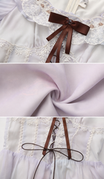 Close-up details of the Letters From Villa Fiora Corset Dress highlighting the lace neckline, satin bow, corset lacing, delicate chiffon fabric, and handcrafted trim.