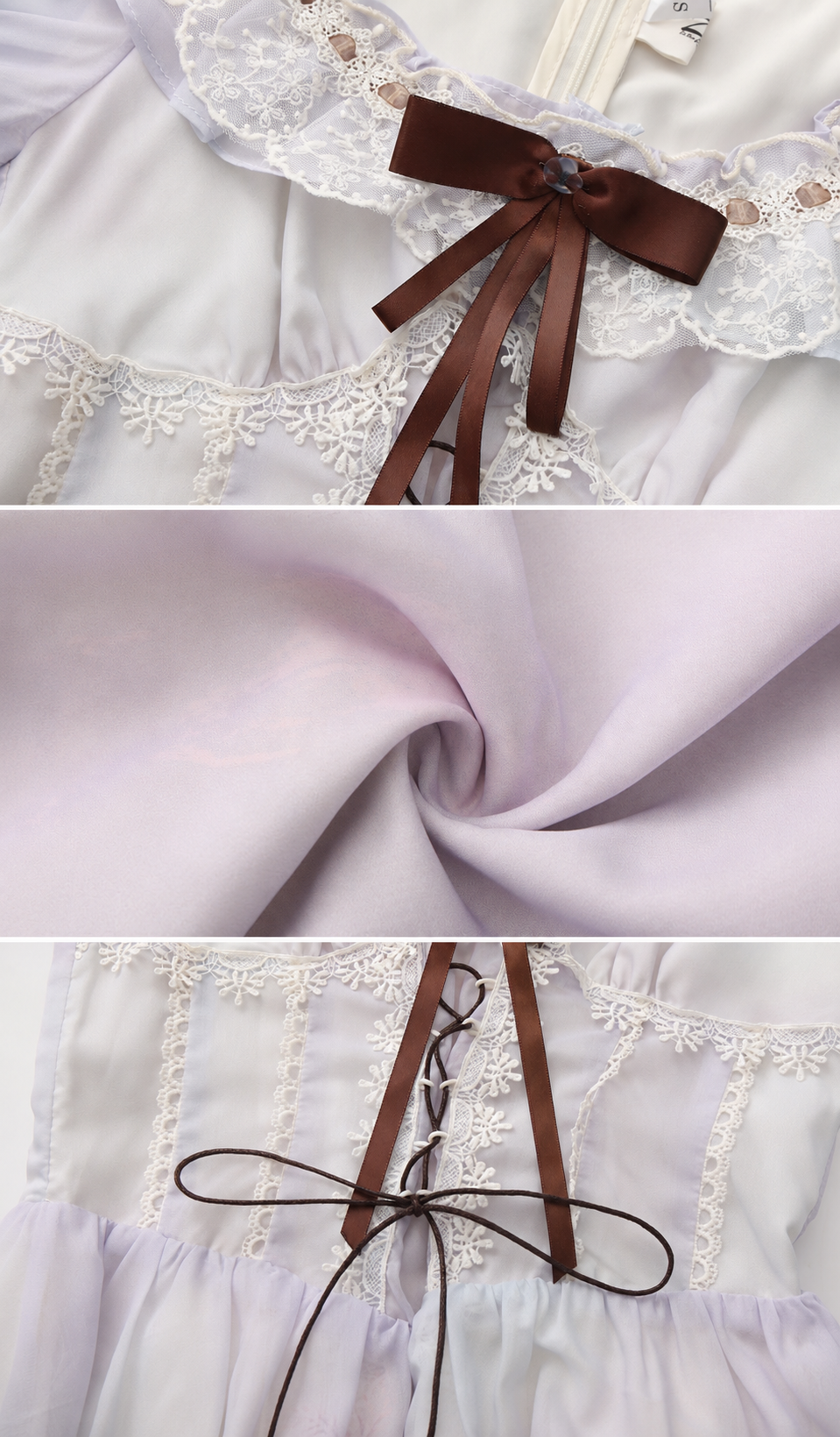 Close-up details of the Letters From Villa Fiora Corset Dress highlighting the lace neckline, satin bow, corset lacing, delicate chiffon fabric, and handcrafted trim.