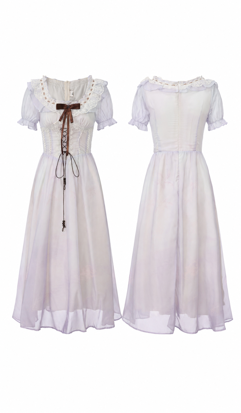 Front and back view of the Letters From Villa Fiora Corset Dress showcasing the lace corset bodice, puff sleeves, soft lavender chiffon skirt, and elegant silhouette.