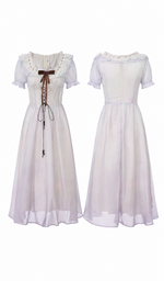 Front and back view of the Letters From Villa Fiora Corset Dress showcasing the lace corset bodice, puff sleeves, soft lavender chiffon skirt, and elegant silhouette.