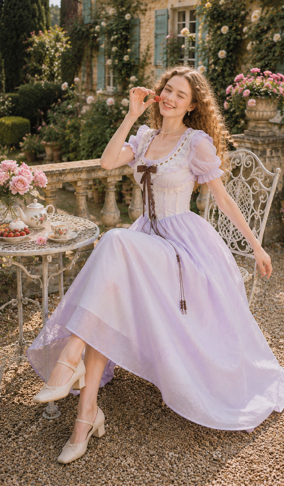Front view of the Letters From Villa Fiora Corset Dress featuring a soft lavender chiffon skirt, lace corset bodice, puff sleeves, and romantic floral villa backdrop.
