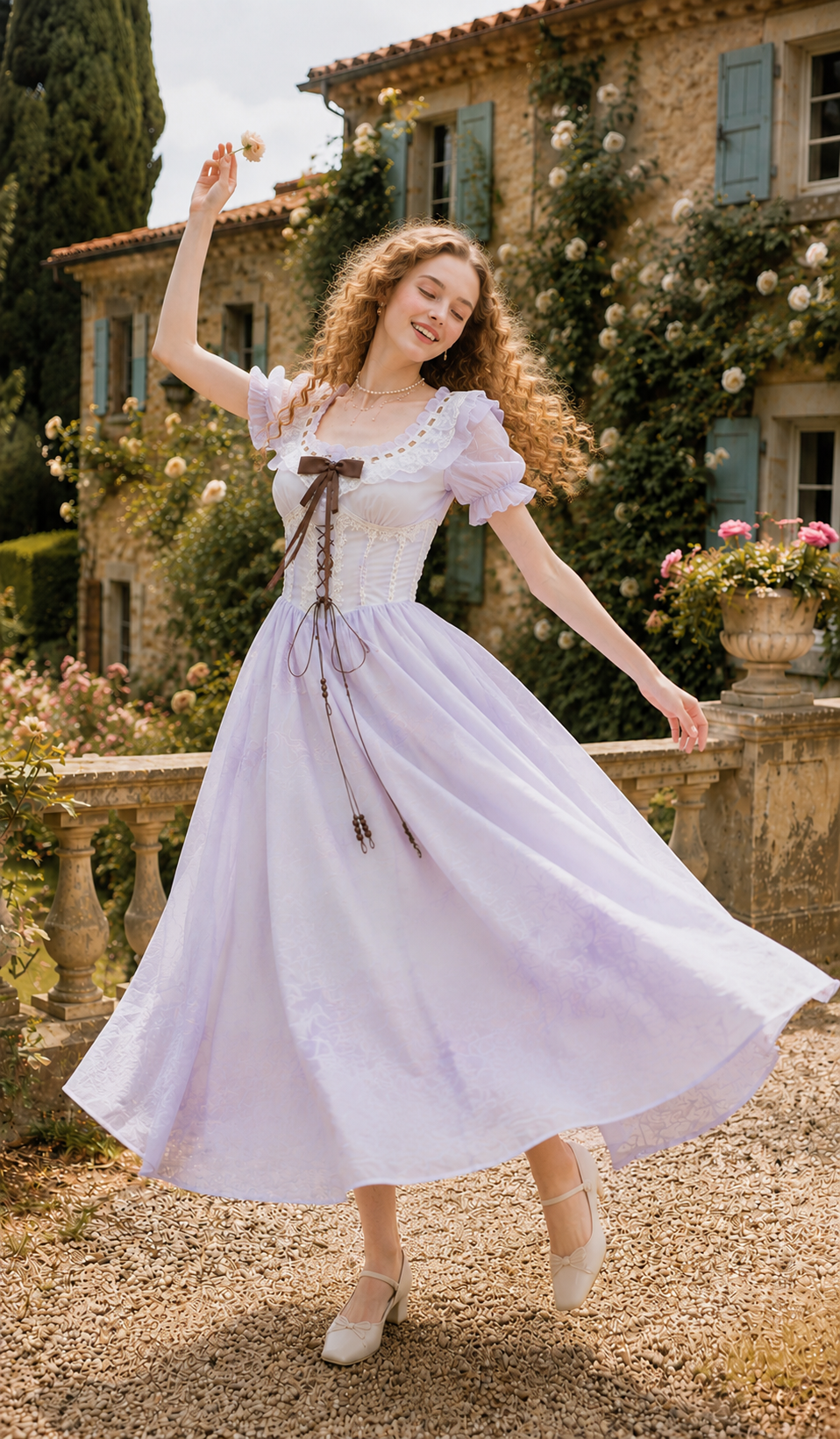 Model seated at a garden tea party wearing the Letters From Villa Fiora Corset Dress, highlighting its romantic cottage-inspired elegance and lightweight chiffon skirt.