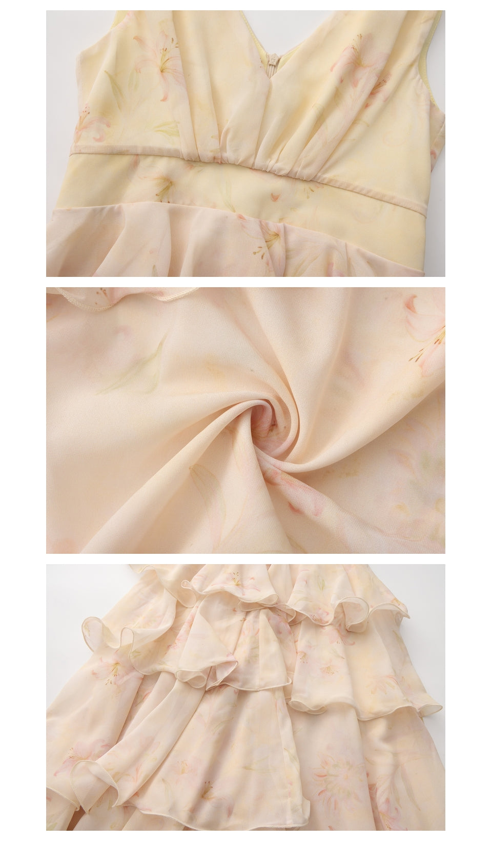 Close-up details of the Lilies Before Sunset Dress highlighting the delicate floral print, soft chiffon fabric, elegant waistline, and cascading tiered ruffle construction.