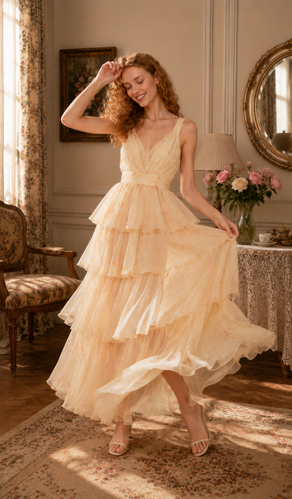 Model twirling in the Lilies Before Sunset Dress, highlighting the airy chiffon layers, flowing movement, soft floral pattern, and feminine elegance.