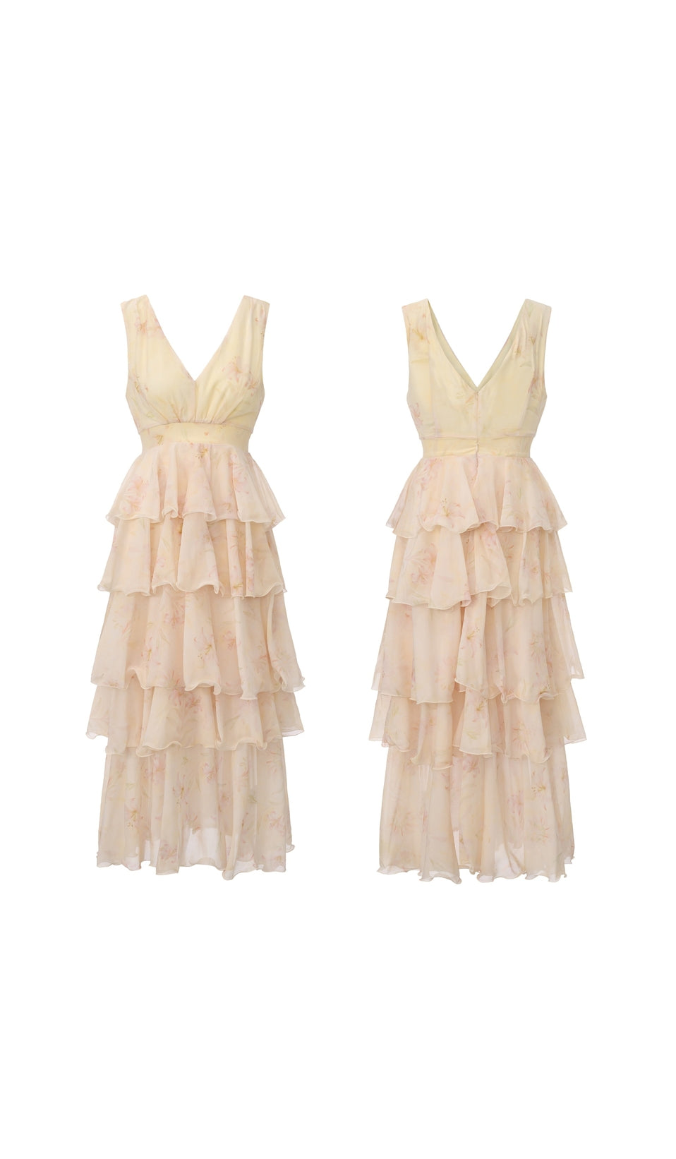 Front and back view of the Lilies Before Sunset Dress displaying the deep V-neckline, floral chiffon fabric, tiered maxi skirt, and elegant flowing silhouette.