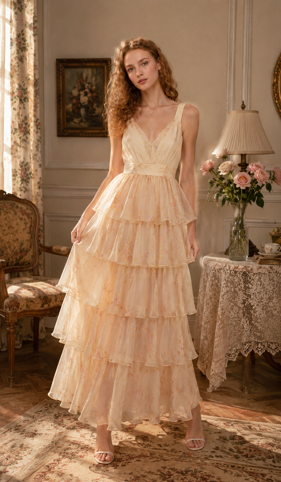 Model wearing the Lilies Before Sunset Dress featuring a soft floral print, cascading tiered chiffon skirt, deep V-neckline, and romantic feminine silhouette in a vintage-inspired interior.