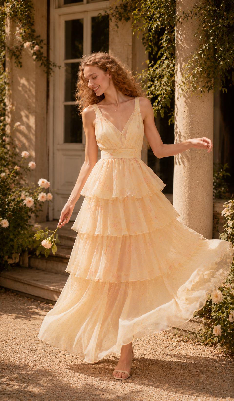 Model posing outdoors in the Lilies Before Sunset Dress with layered chiffon ruffles, flattering V-neckline, and romantic floral design inspired by an English garden.