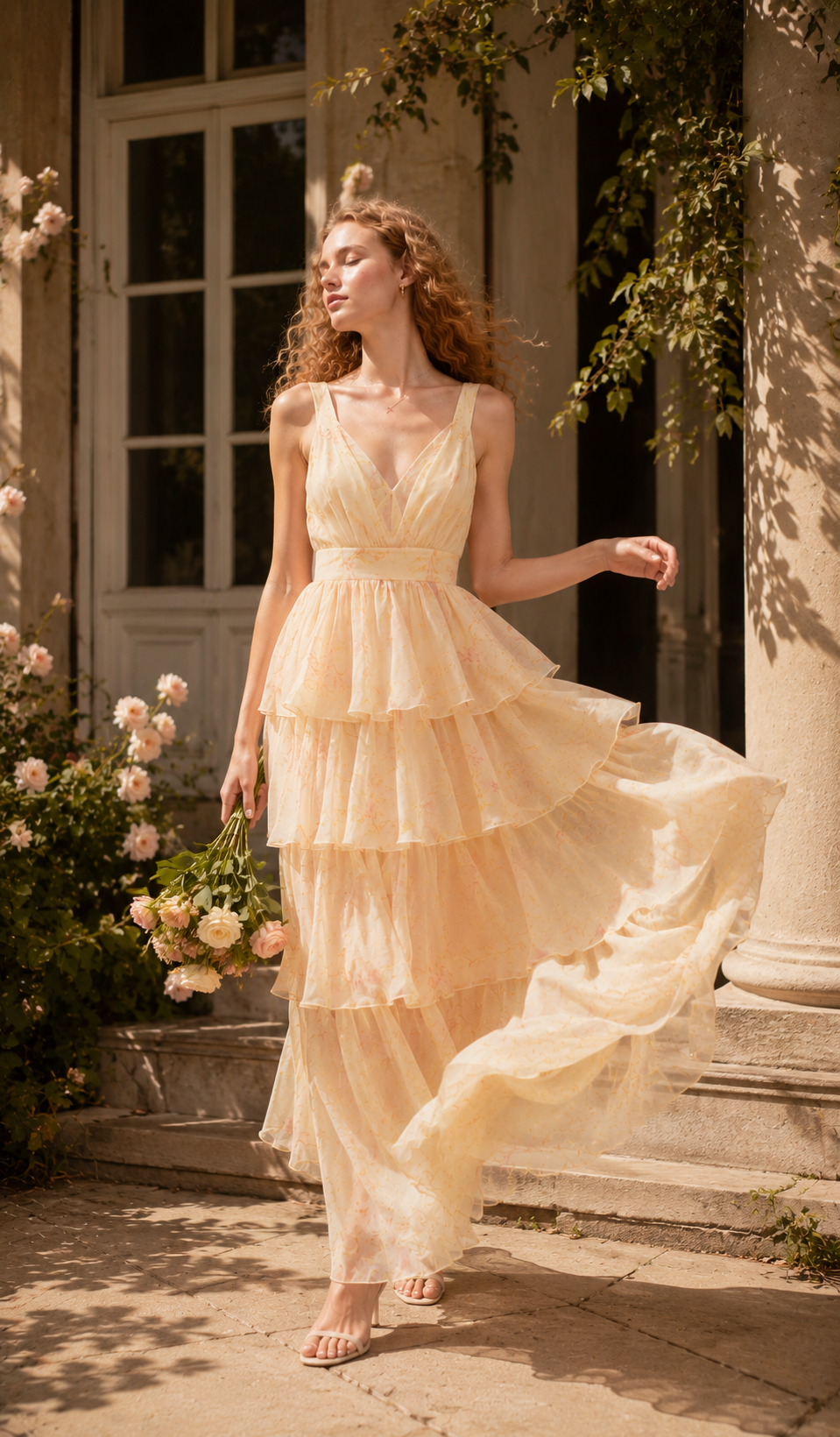 Model walking through a sunlit garden wearing the Lilies Before Sunset Dress, featuring cascading chiffon tiers, soft pastel floral print, and an elegant summer silhouette.