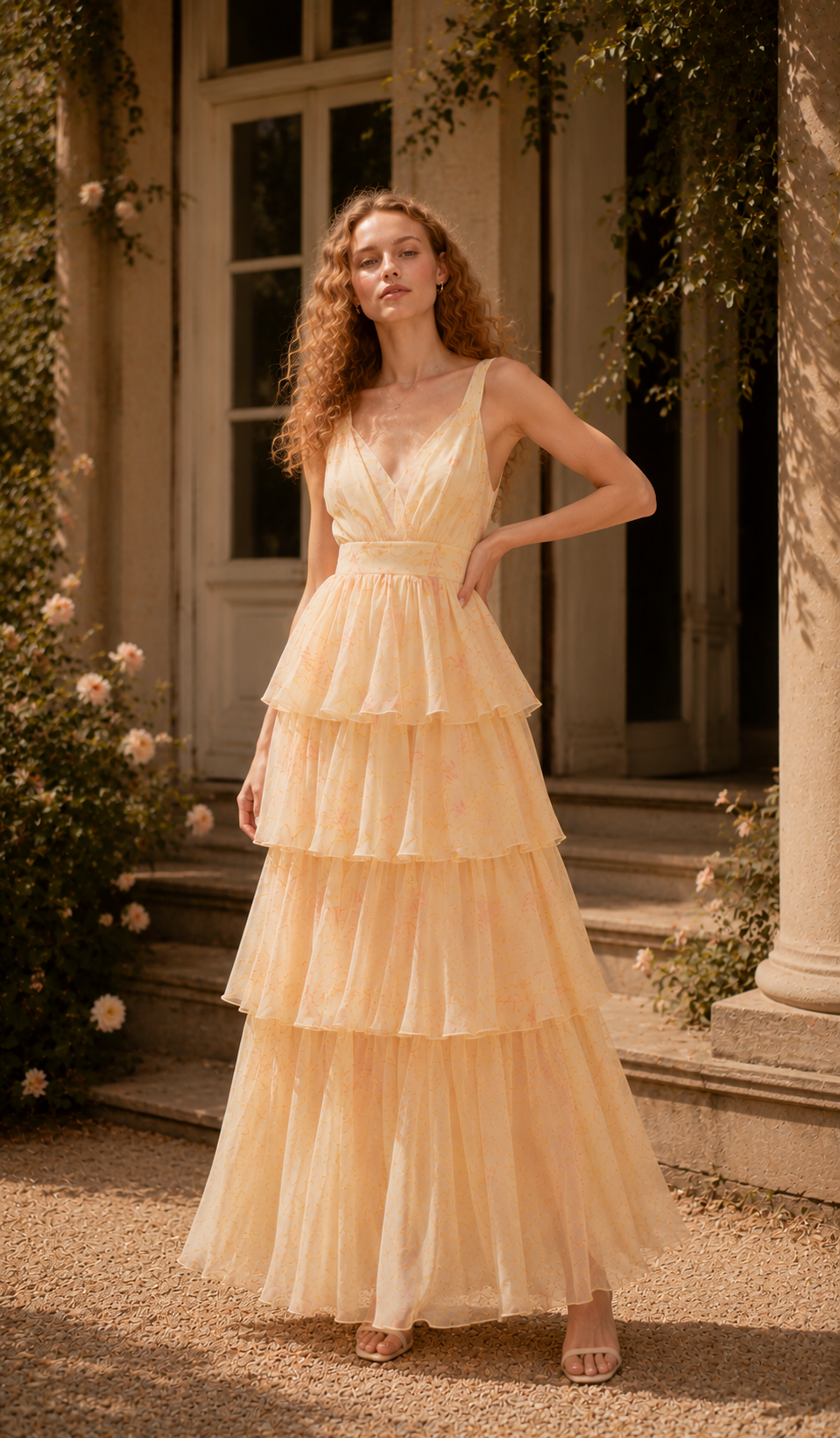 Model wearing the Lilies Before Sunset Dress in a blooming garden, showcasing the lightweight chiffon fabric, tiered maxi skirt, and timeless feminine style.