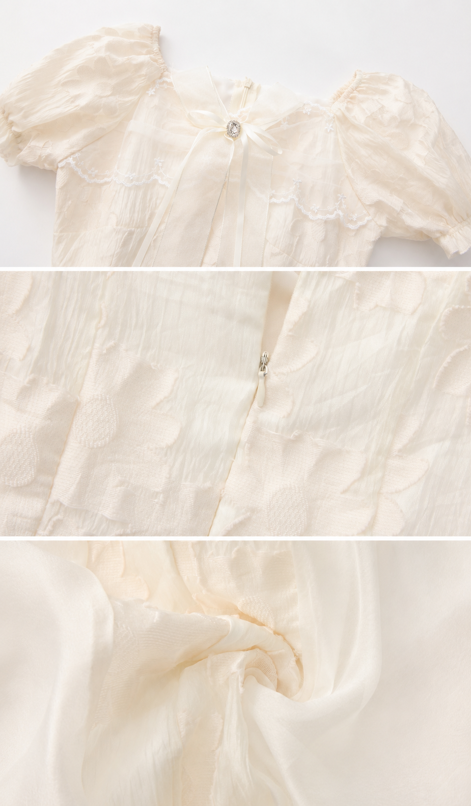 Close-up details of the Morning in Annecy Corset Dress showcasing the bow, floral jacquard texture, zipper, and lightweight layered fabric.