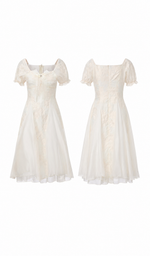 Front and back views of the Morning in Annecy Corset Dress showing the square neckline, puff sleeves, and floral jacquard details.