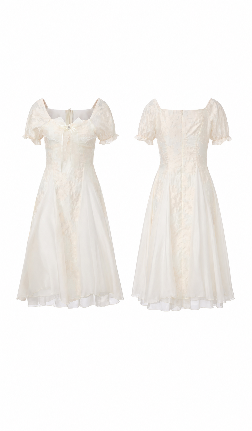 Front and back views of the Morning in Annecy Corset Dress showing the square neckline, puff sleeves, and floral jacquard details.