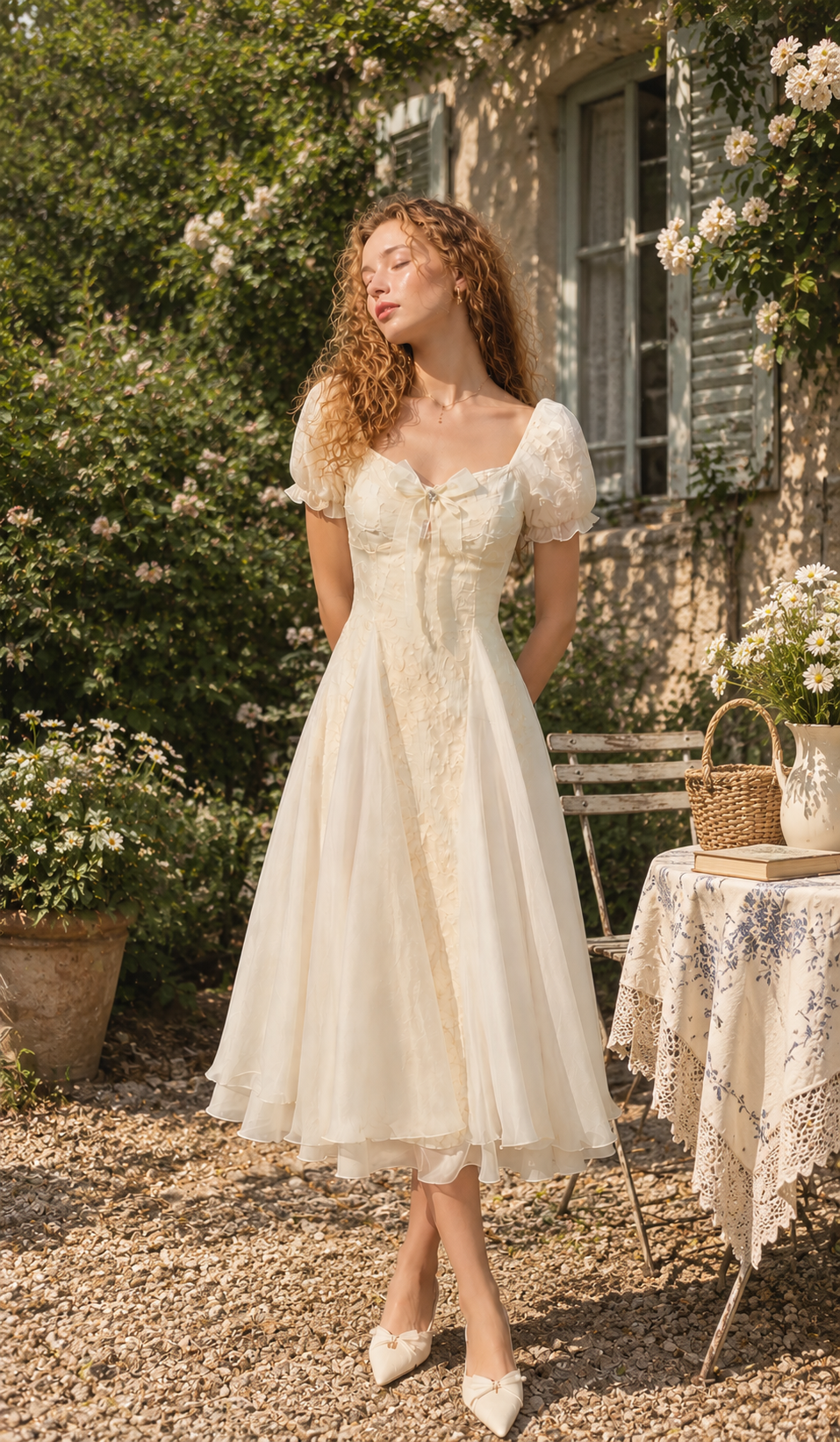Model wearing the Morning in Annecy Corset Dress in a romantic French garden with vintage countryside scenery.