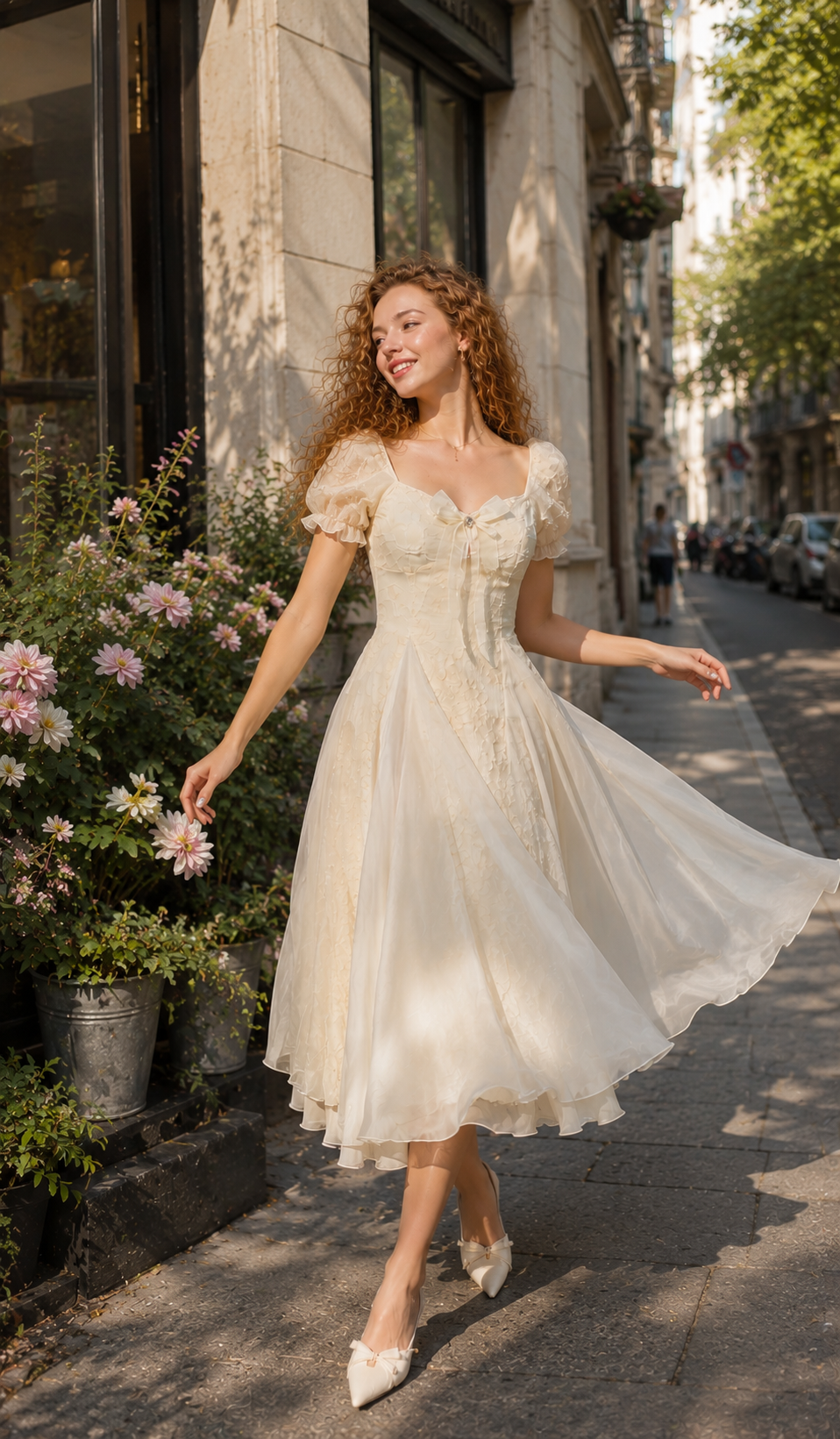 Model styling the Morning in Annecy Corset Dress with a woven handbag on a romantic European street.