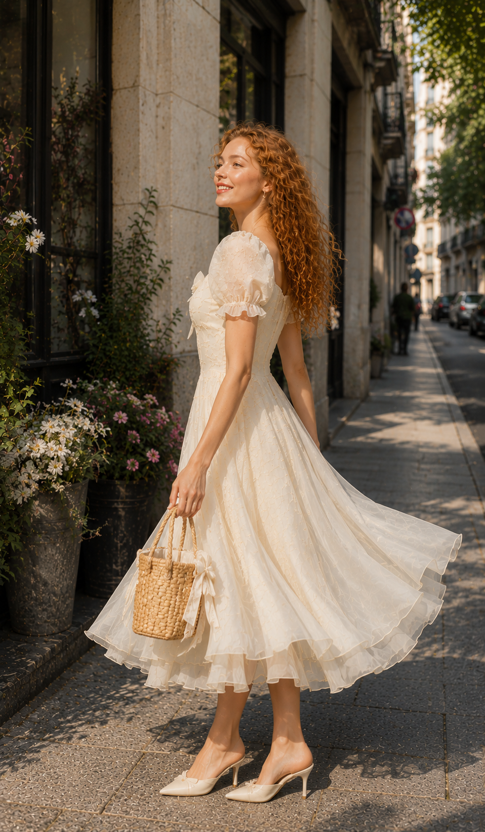 Lifestyle photo of the Morning in Annecy Corset Dress with a romantic vintage-inspired look on a European street.