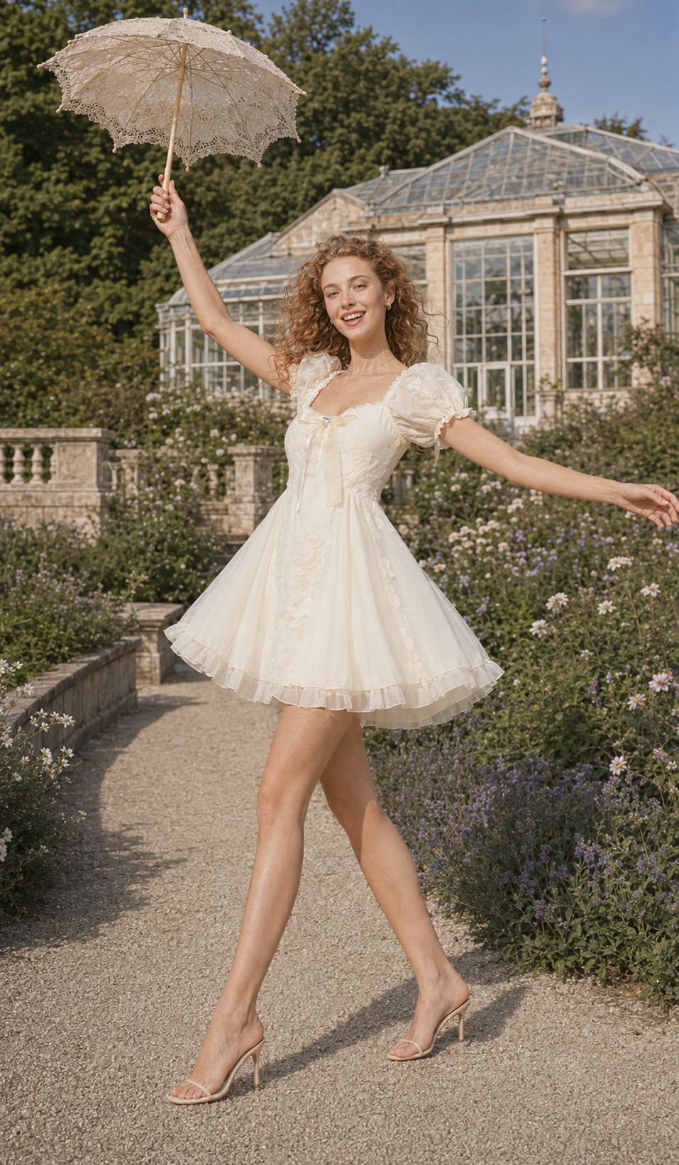 Model wearing the Morning in Annecy Corset Dress (Short) with a lace parasol in a botanical garden