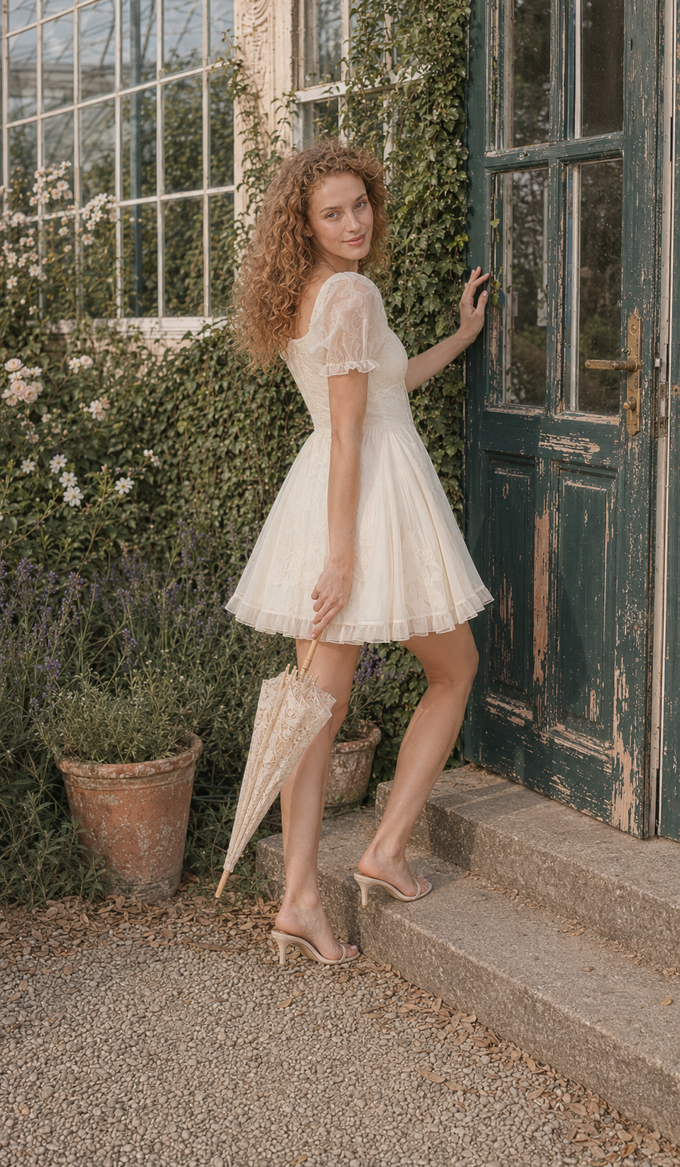 Three-quarter back view of the Morning in Annecy Corset Dress (Short) at a vintage greenhouse door