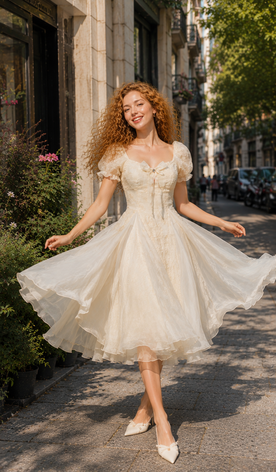 Front view of the Morning in Annecy Corset Dress featuring floral jacquard fabric, puff sleeves, and a flowing skirt.