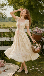 Model wearing the Roses After Sunday Corset Dress while holding a bouquet, highlighting the vintage floral print, corset waist, and elegant movement.