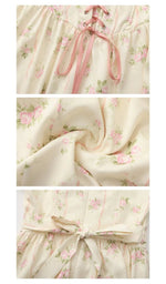 Close-up details of the Roses After Sunday Corset Dress highlighting the lace-up corset front, delicate floral print fabric, and adjustable waist ribbon.