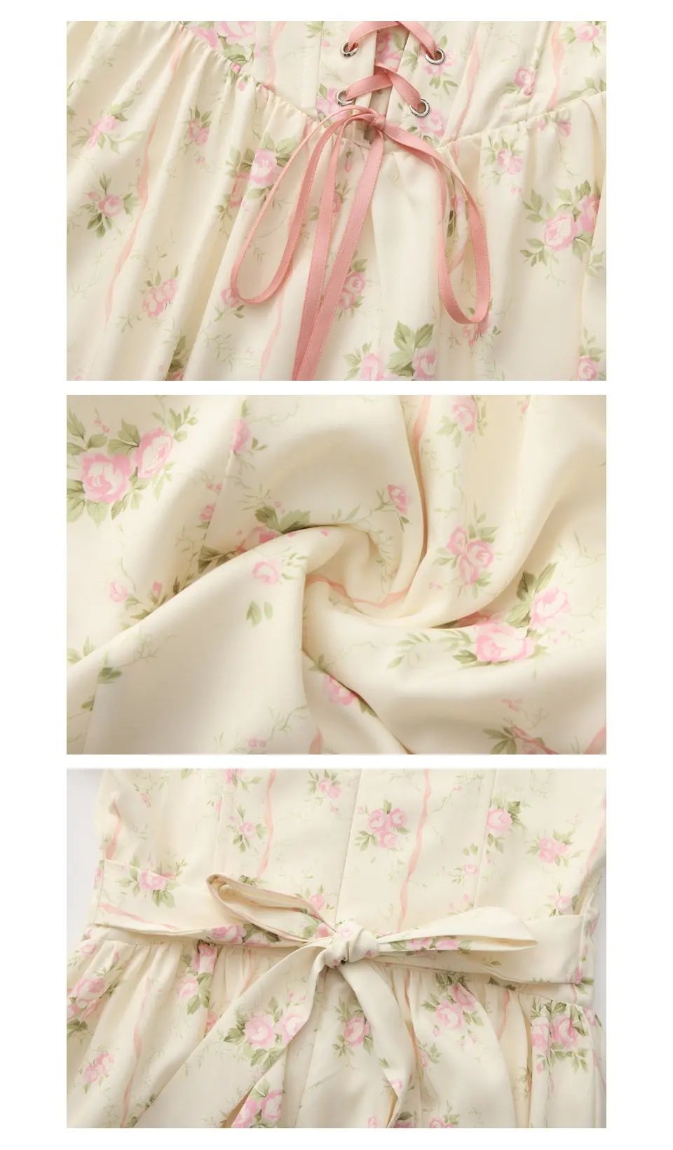 Close-up details of the Roses After Sunday Corset Dress highlighting the lace-up corset front, delicate floral print fabric, and adjustable waist ribbon.