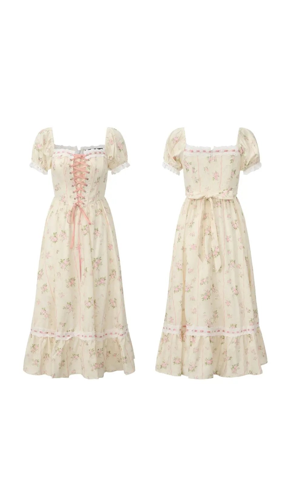 Front and back view of the Roses After Sunday Corset Dress featuring a floral print, lace-up corset bodice, puff sleeves, adjustable waist tie, and flowing midi skirt.