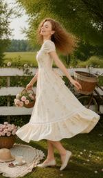 Side view of the Roses After Sunday Corset Dress featuring the lace-up bodice, ribbon waist tie, puff sleeves, and flowing floral skirt.