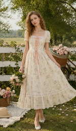 Model twirling in the Roses After Sunday Corset Dress, showcasing the flowing floral skirt, lace-up corset bodice, and feminine cottagecore silhouette.