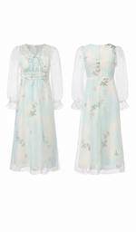 Close-up detail of the Sea Glass Memory Corset Dress featuring the delicate neckline tie, invisible back zipper, and soft floral chiffon fabric.