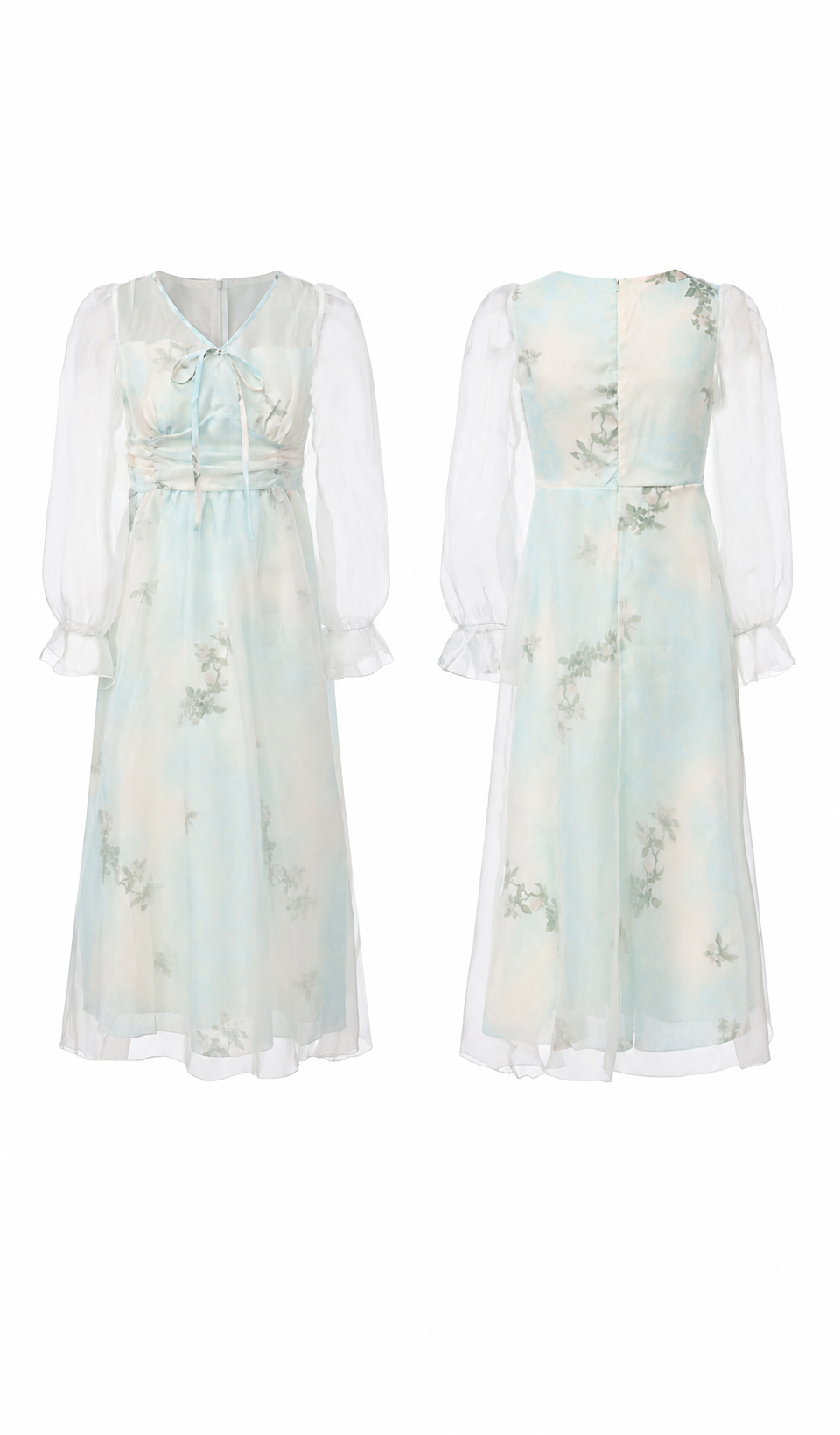 Close-up detail of the Sea Glass Memory Corset Dress featuring the delicate neckline tie, invisible back zipper, and soft floral chiffon fabric.