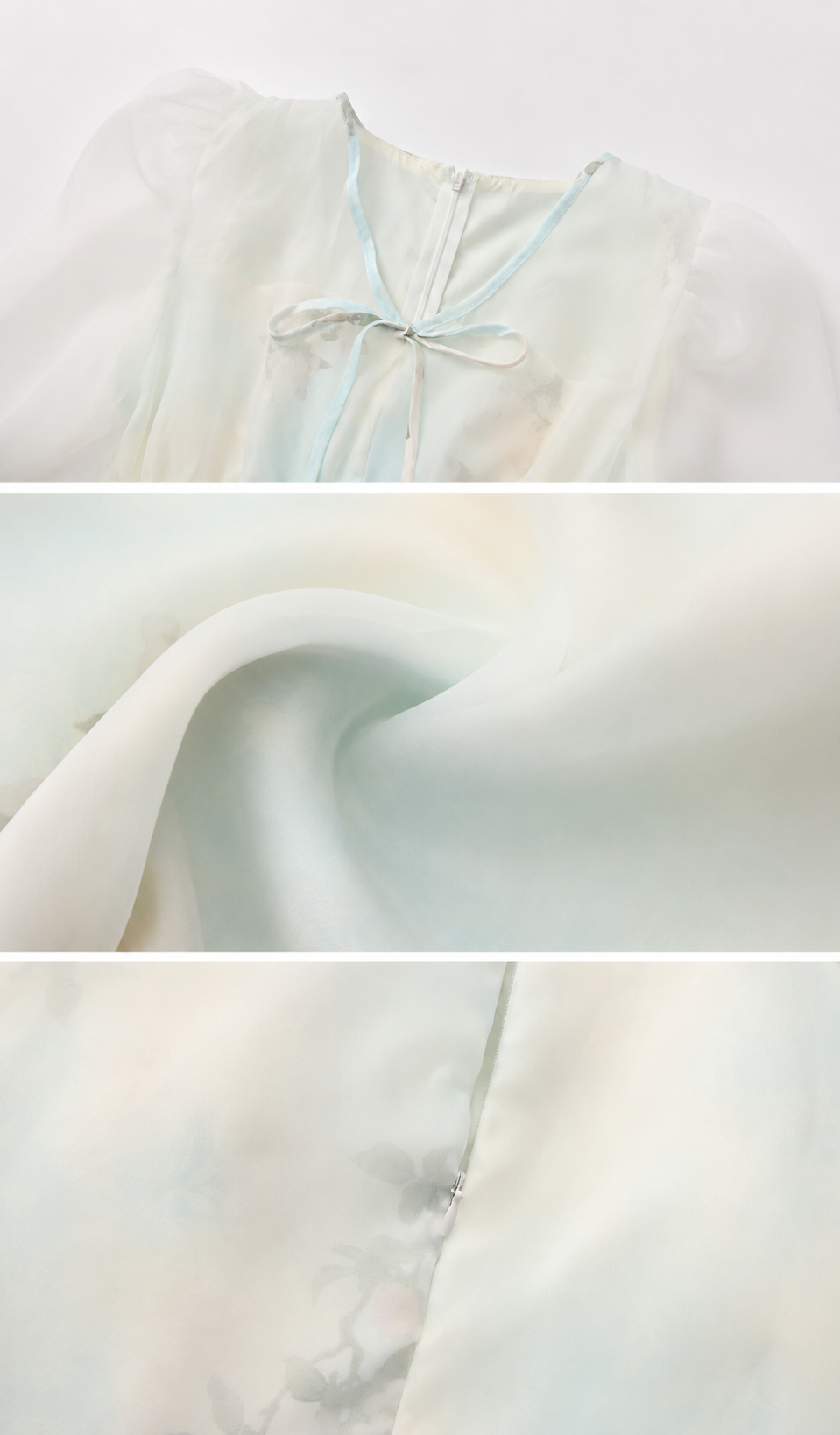 Fabric and construction details of the Sea Glass Memory Corset Dress showcasing the lightweight chiffon texture, subtle floral print, and elegant craftsmanship.