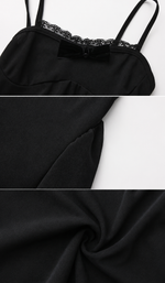 Close-up details of the Sweet Poison Dress in black highlighting the velvet bow, lace neckline, premium fabric, and tailoring.