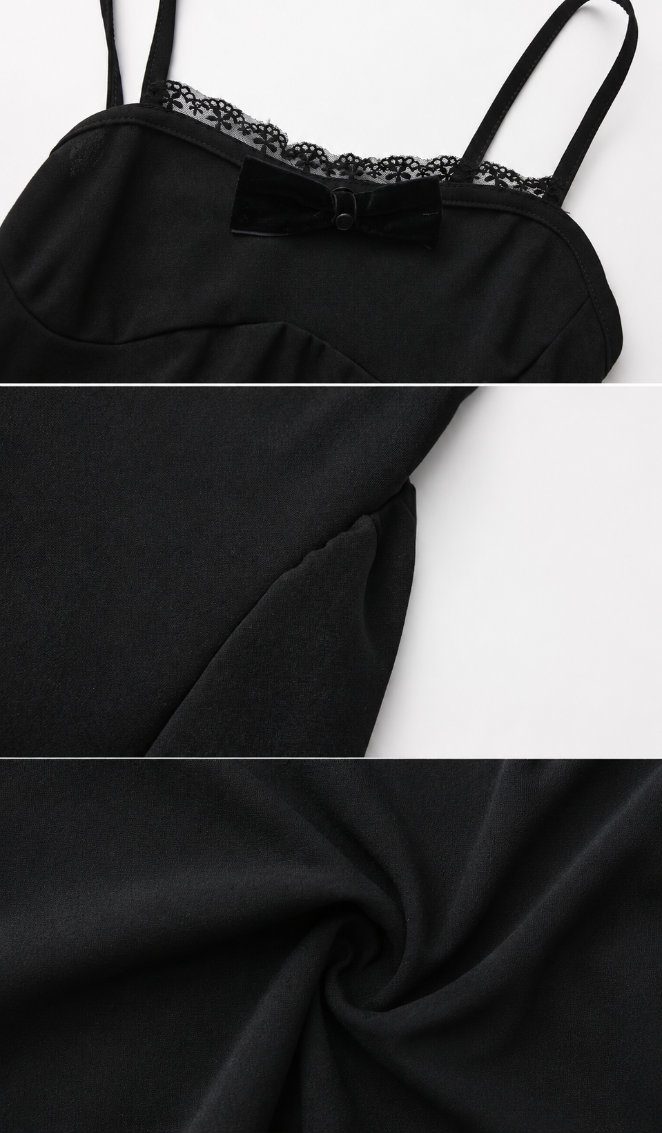 Close-up details of the Sweet Poison Dress in black highlighting the velvet bow, lace neckline, premium fabric, and tailoring.