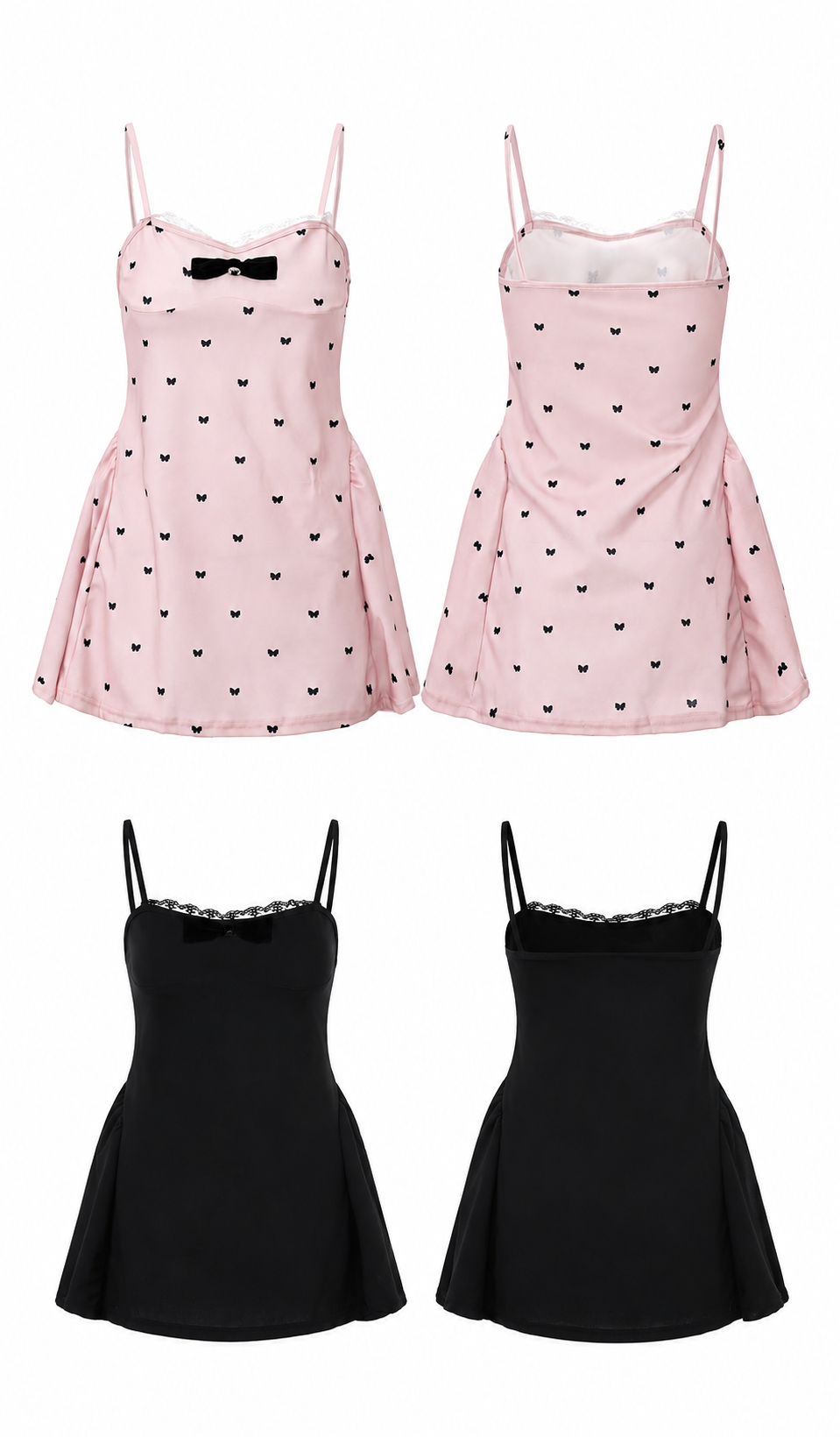 Front and back views of the Sweet Poison Dress available in blush pink butterfly print and classic black on a white background.