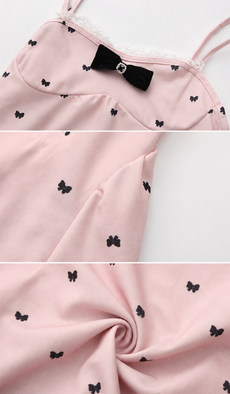 Close-up details of the Sweet Poison Dress in blush pink highlighting the butterfly print, velvet bow, lace trim, and soft fabric texture.