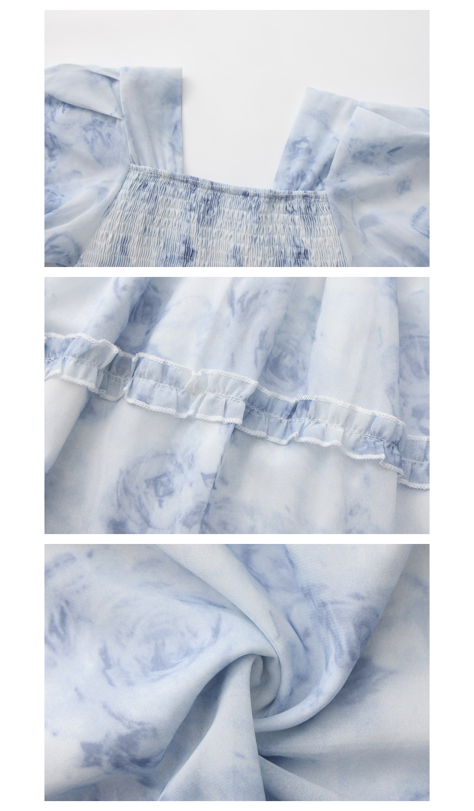 Three close-up views of The Blue Rose of Avignon Dress showing smocking, ruffle trim and blue floral fabric.