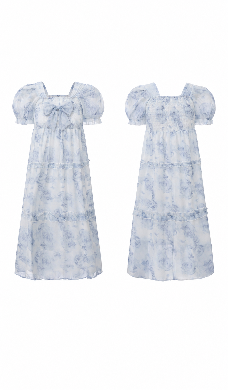 Front and back views of The Blue Rose of Avignon Dress with a chest bow, puff sleeves and blue rose print.