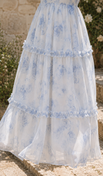 Close-up of The Blue Rose of Avignon Dress blue floral chiffon skirt, tiered ruffles and lightweight lining.