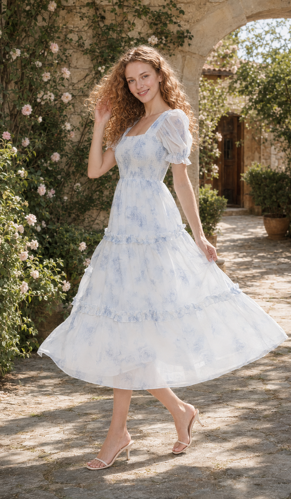 Model walking in The Blue Rose of Avignon blue floral midi dress beneath a rose-covered stone arch.