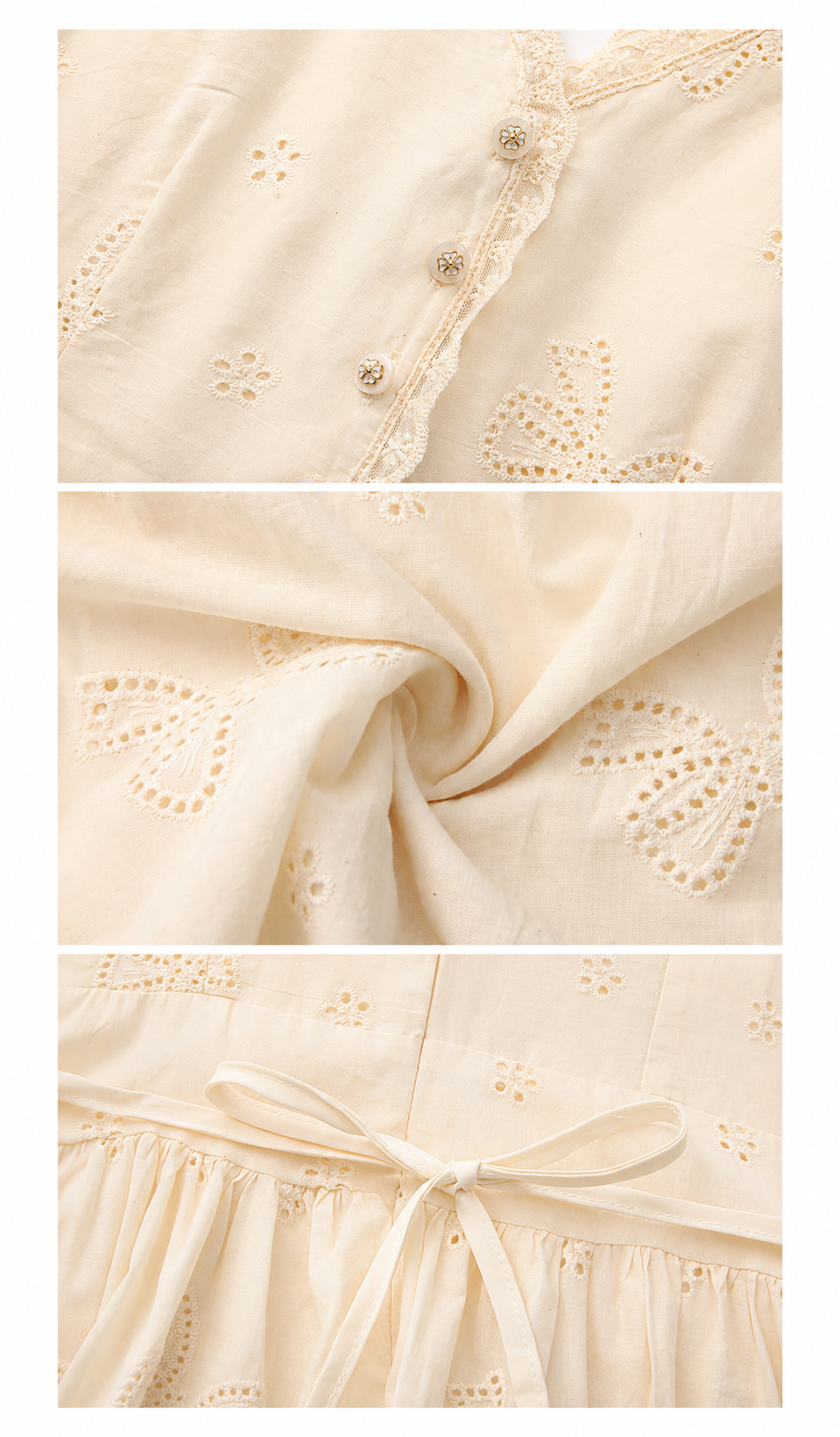 Close-up detail of The Cream Memory Dress featuring floral embroidery, lace-trimmed neckline, decorative buttons, soft fabric texture, and waist tie craftsmanship.