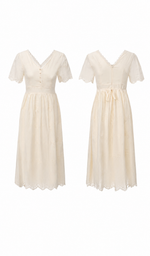Front and back product view of The Cream Memory Dress showing the embroidered V-neck bodice, waist tie, and elegant midi silhouette.