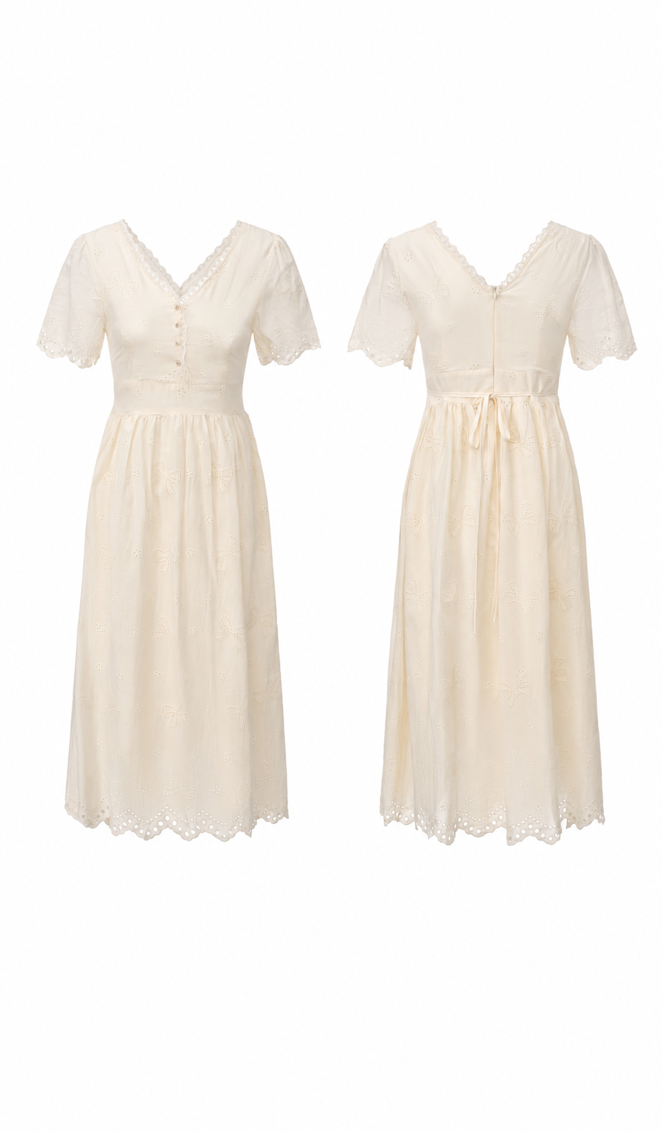 Front and back product view of The Cream Memory Dress showing the embroidered V-neck bodice, waist tie, and elegant midi silhouette.