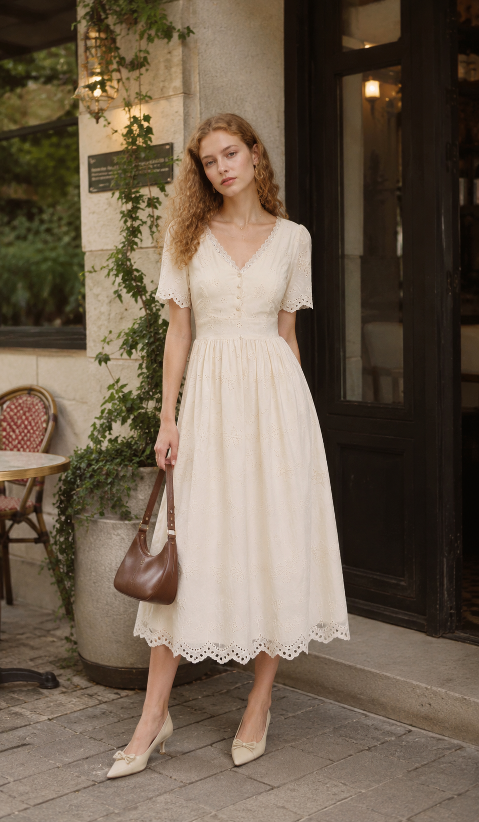 Woman wearing The Cream Memory Dress in ivory outside a charming European-style café, featuring a romantic V-neck silhouette and delicate embroidery.