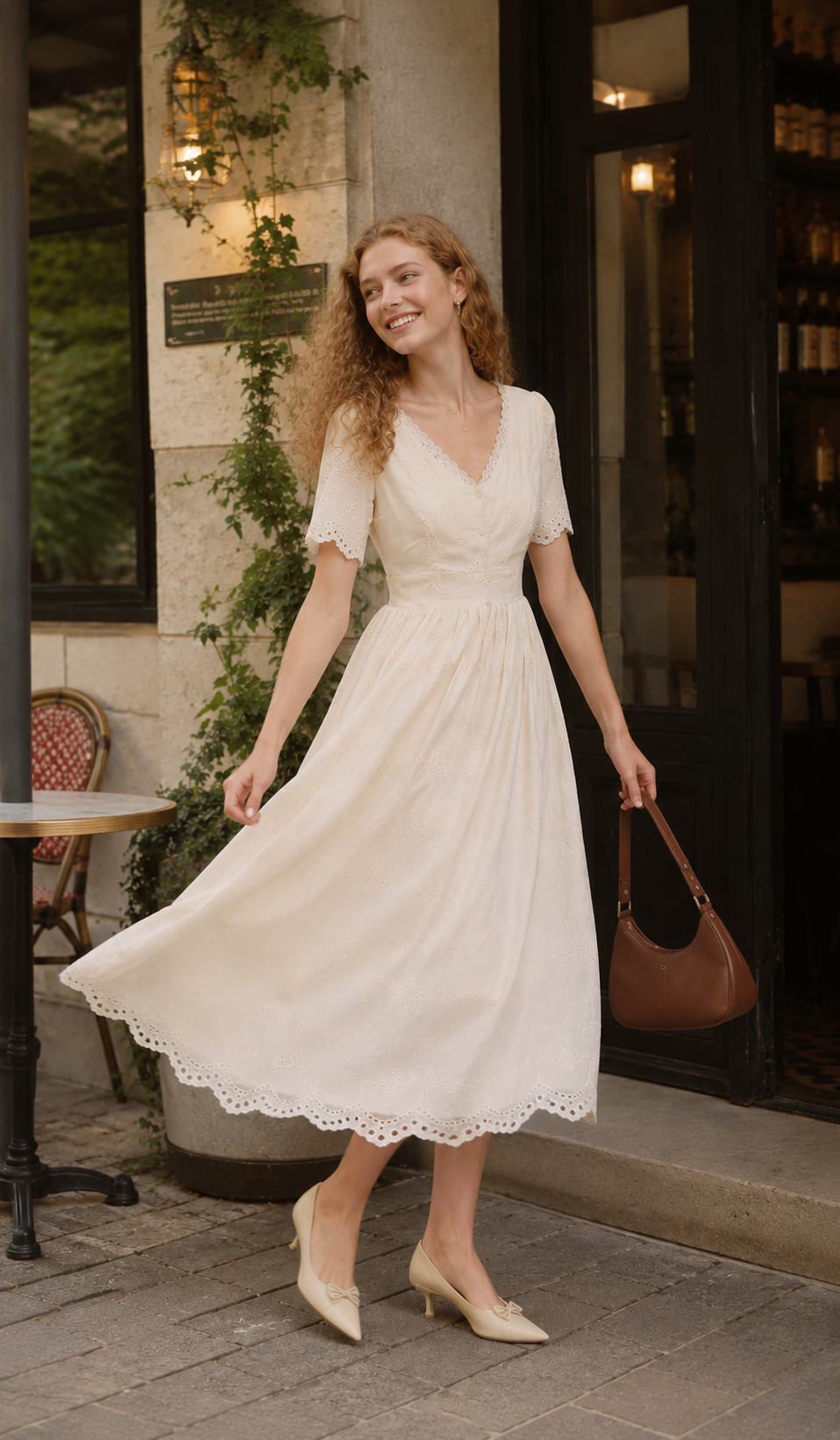 Woman holding a bouquet while wearing The Cream Memory Dress with elegant embroidery and scalloped eyelet hem in a café setting.