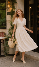 Front lifestyle image of The Cream Memory Dress featuring a V-neckline, embroidered details, and a graceful midi-length skirt.