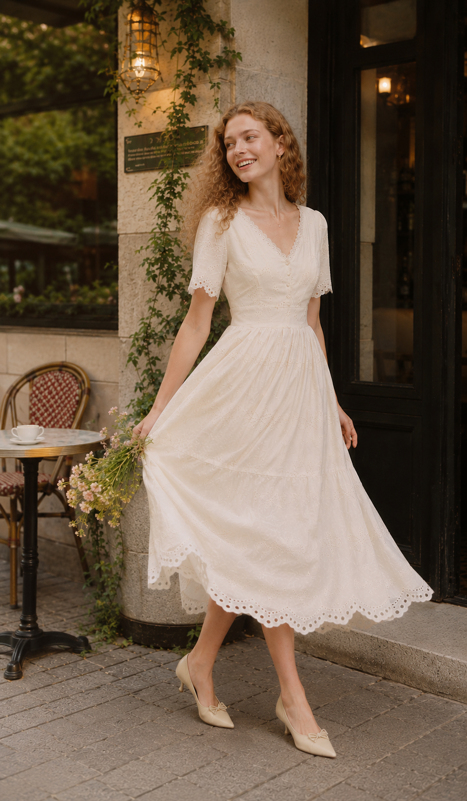 Side view of The Cream Memory Dress styled with a woven straw bag, highlighting the flowing silhouette and romantic everyday styling.