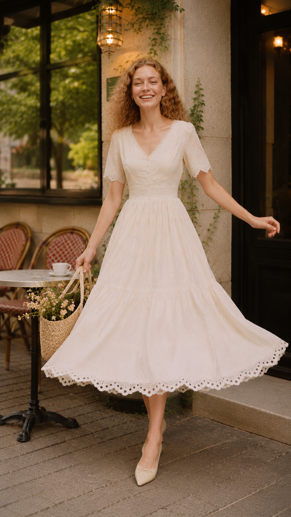 Model twirling in The Cream Memory Dress, showcasing the flowing midi skirt, embroidered eyelet hem, and feminine movement.